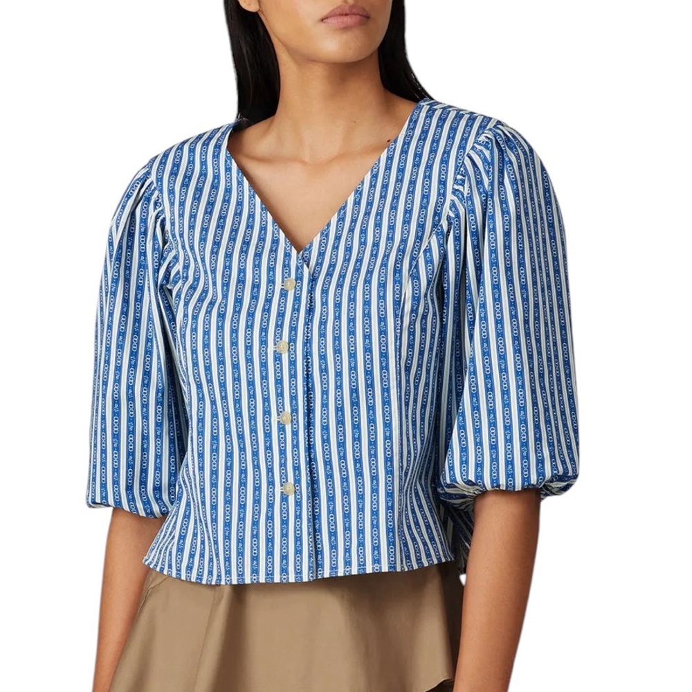 Tory Burch Cropped Gemini Link Striped Blue White Short Puff-Sleeve top 6